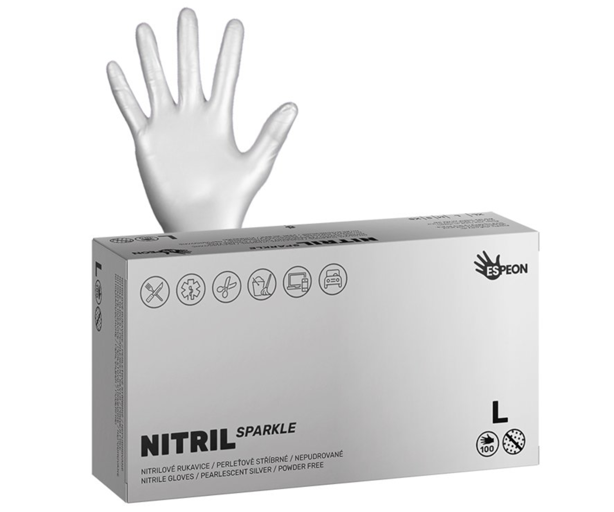 E-shop Nitrilové rukavice Espeon Nitril Sparkle - 100 ks, perleťové strieborné, veľkosť L (100175) + darček zadarmo