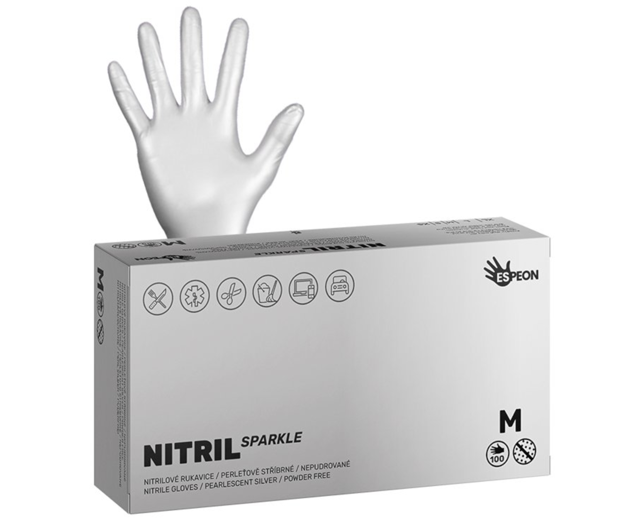 E-shop Nitrilové rukavice Espeon Nitril Sparkle - 100 ks, perleťové strieborné, veľkosť M (100174) + darček zadarmo