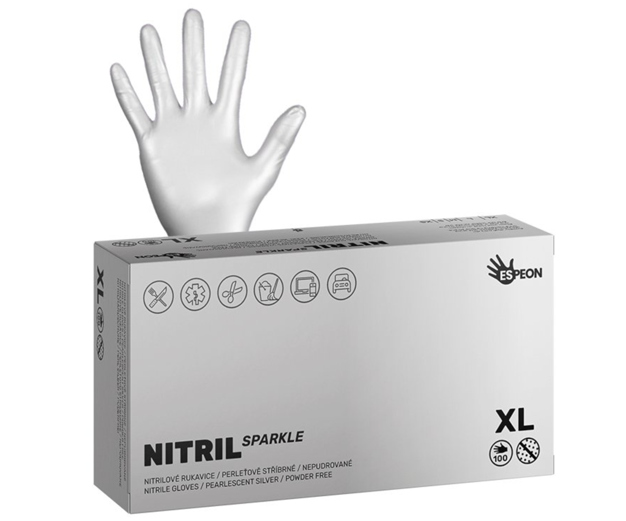 E-shop Nitrilové rukavice Espeon Nitril Sparkle - 100 ks, perleťové strieborné, veľkosť XL (100176) + darček zadarmo