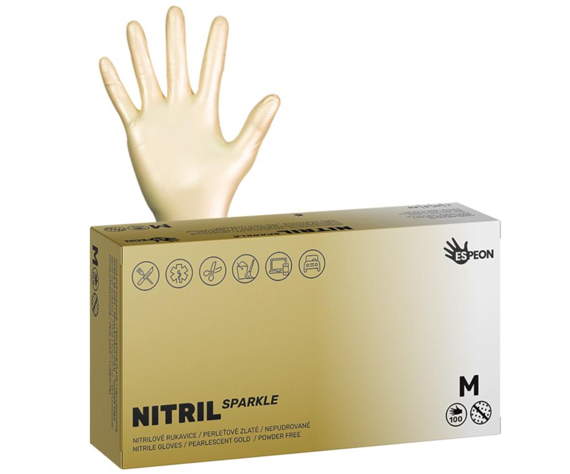 E-shop Nitrilové rukavice Espeon Nitril Sparkle - 100 ks, perleťové zlaté, veľkosť M (100150) + darček zadarmo