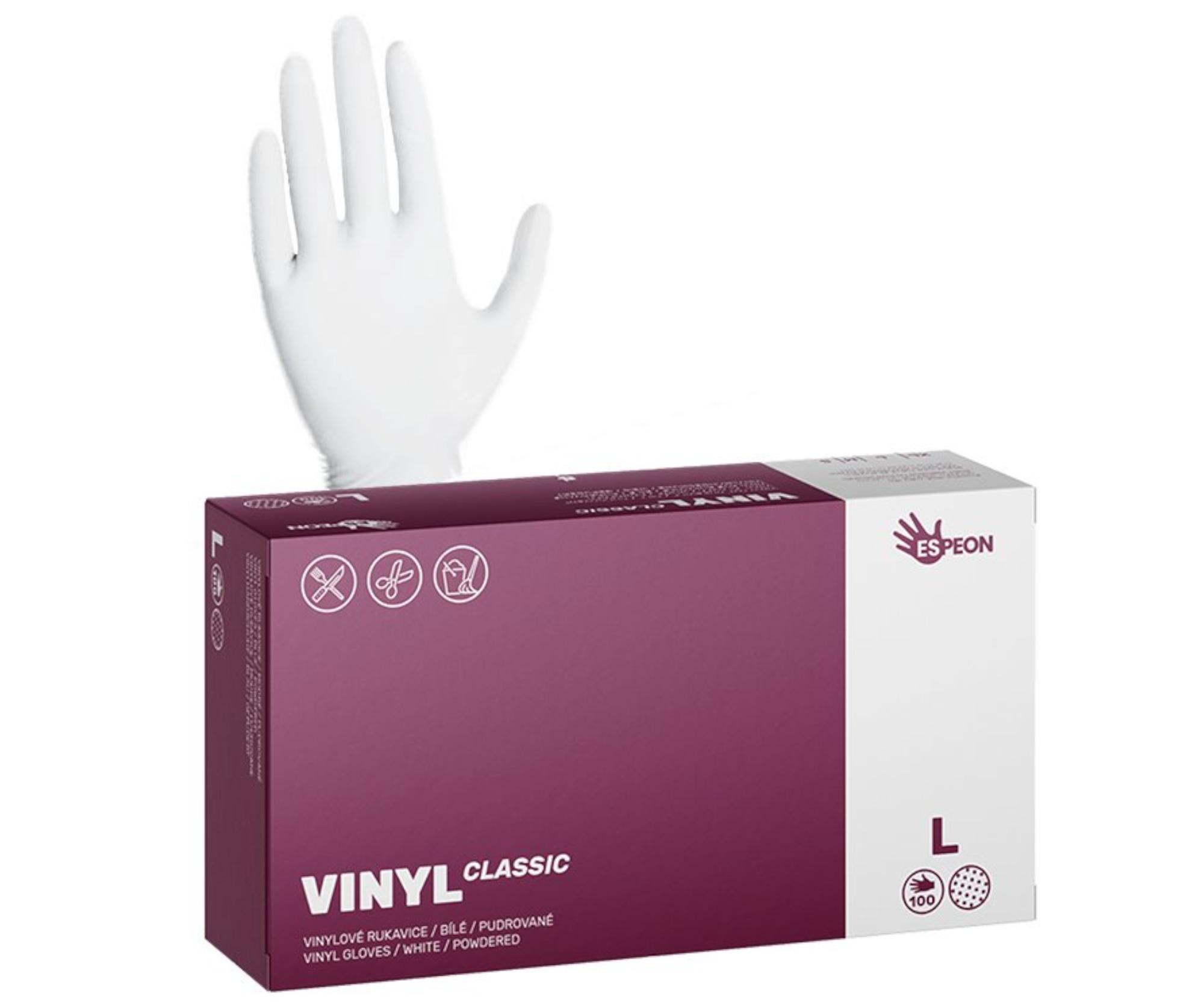 E-shop Vinylové púdrované rukavice Espeon Vinyl Classic - 100 ks, biele, veľkosť L (100002)