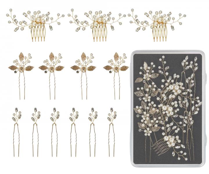 Sada ozdobnch vlseniek a hrebienkov Sibel Festive Hair Pins Golden Color Kit - 13 ks, zlat