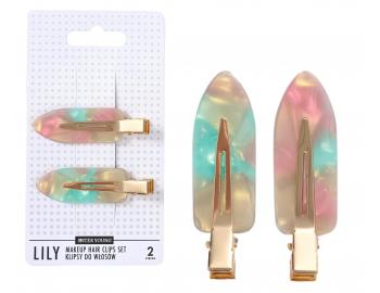 Spony do vlasov s podlo�kami Sister Young Lily Makeup Hair Clips Set - 6 cm, 2 ks - ru�ovo-zelen�