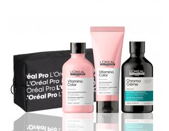 Šampón na neutralizáciu teplých tónov Loréal Professionnel Serie Expert Chroma Cr&#232;me - sada - zelený šampón + šampón + starostlivosť pre farbené vlasy + kozmetická taška zadarmo