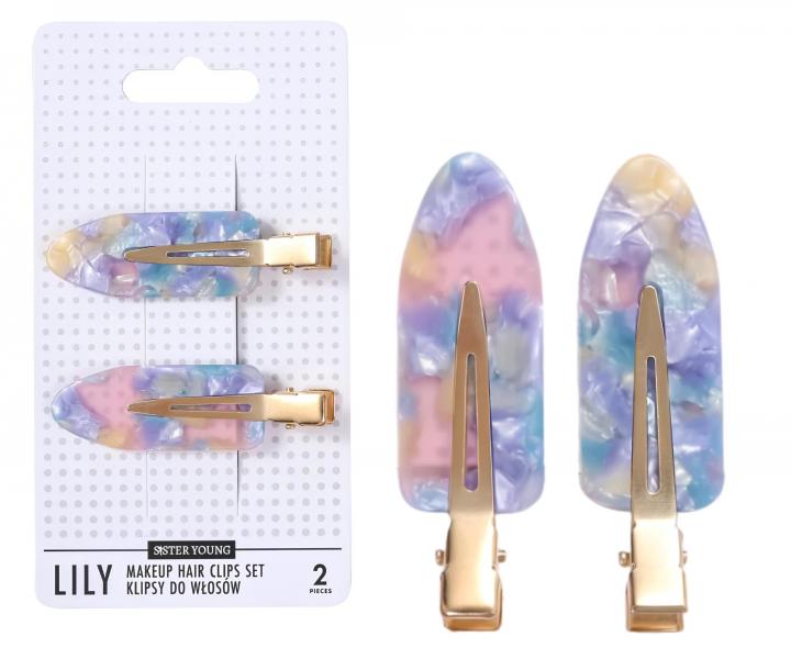 Spony do vlasov s podlo�kami Sister Young Lily Makeup Hair Clips Set - 6 cm, 2 ks - ru�ovo-modr�