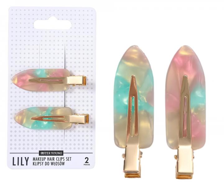 Spony do vlasov s podlo�kami Sister Young Lily Makeup Hair Clips Set - 6 cm, 2 ks - ru�ovo-zelen�