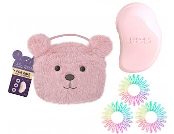 Detská sada kefy Tangle Teezer Mini a špirálových gumičiek Invisibobble Original Pink Teddy