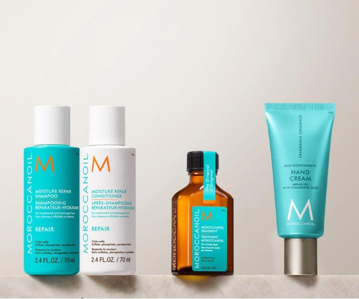 Cestovn� sada na regener�ciu such�ch vlasov Moroccanoil Greetings From Repair + kr�m na ruky a ta�ti�ka zadarmo