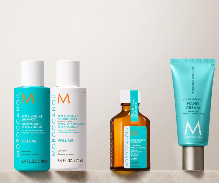 Cestovn� sada pre objem jemn�ch vlasov Moroccanoil Greetings From Volume + kr�m na ruky a ta�ti�ka zadarmo