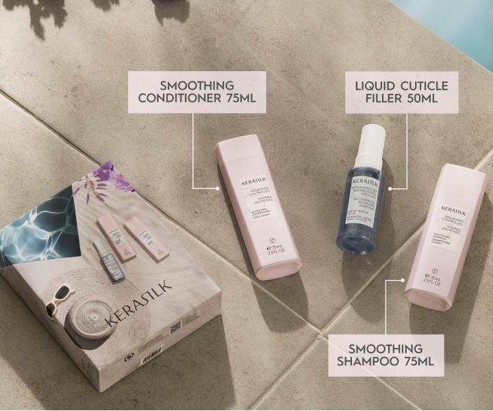 Dar�ekov� sada na vyhladenie krepat�ch a nepoddajn�ch vlasov Kerasilk Smoothing Travel Set + kozmetick� ta�ti�ka zadarmo