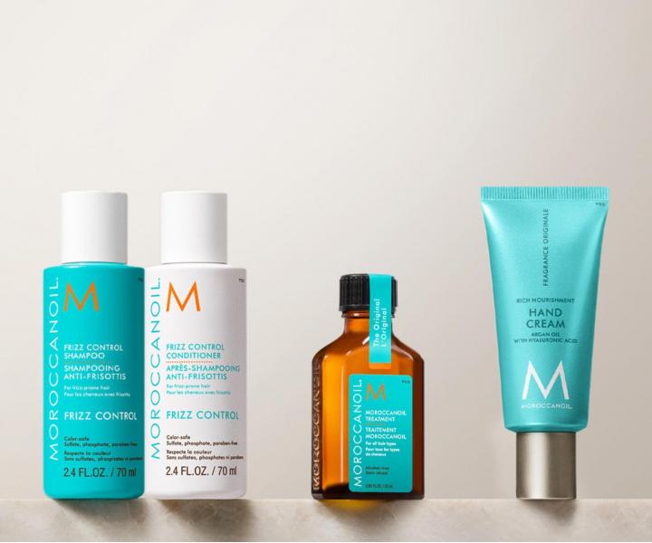 Cestovn� sada na uhladenie krepat�ch vlasov Moroccanoil Greetings From Frizz Control + kr�m na ruky a ta�ti�ka zadarmo