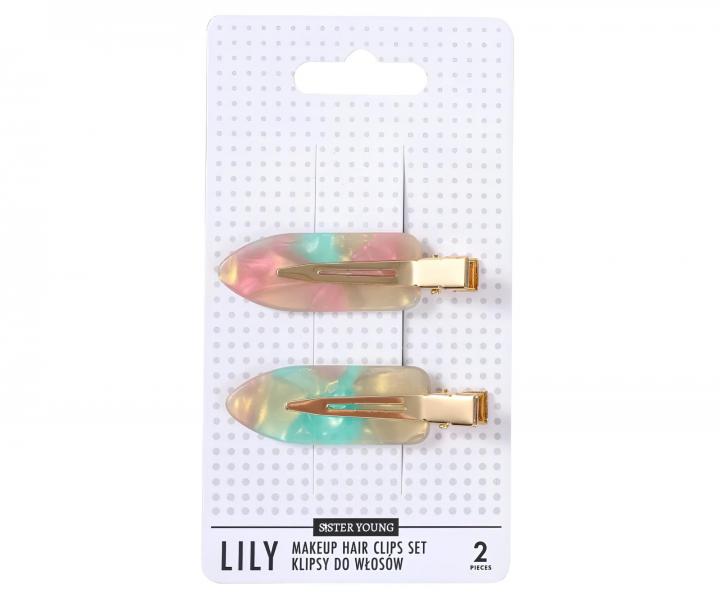 Spony do vlasov s podlo�kami Sister Young Lily Makeup Hair Clips Set - 6 cm, 2 ks - ru�ovo-zelen�
