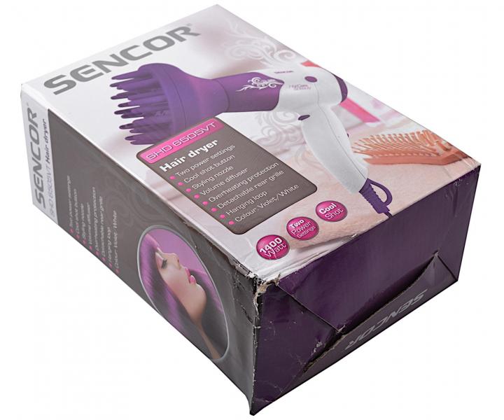 F�n na vlasy s difuz�rem Sencor SHD 6505VT - 1400 W, bielo-fialov� - po�koden� kart�nov� obal