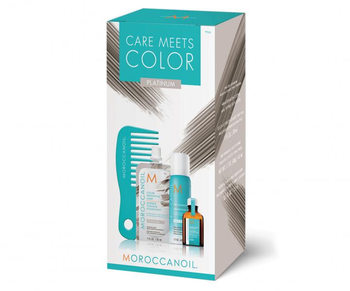 Sada pre oivenie vlasov Moroccanoil Care Meets Color Platinum - hrebe, maska, such ampn, olej