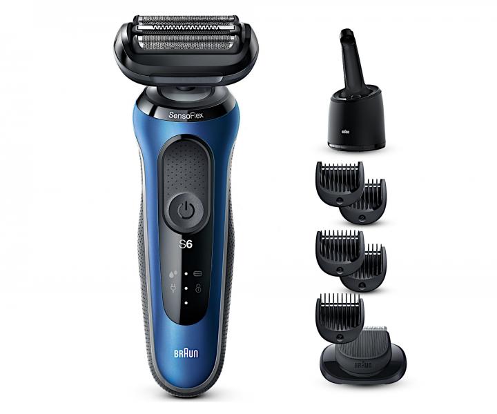 Plan�etov� holiaci stroj�ek s nab�jacou a �istiacou stanicou Braun Series 6 61-B7500cc - modr�